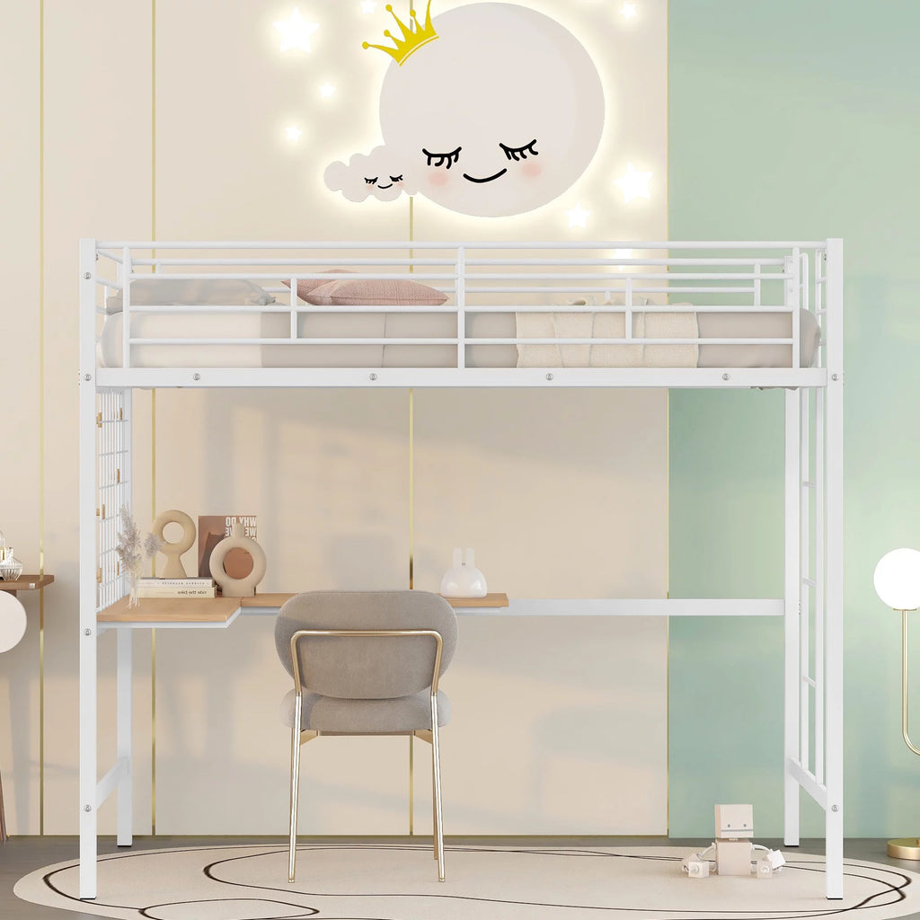 White Twin Metal Loft Bed with Desk, Ladder and Guardrail X263