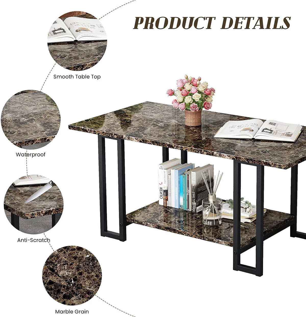 Faux Marble Coffee Table Set of 3 with Metal Legs Y243130