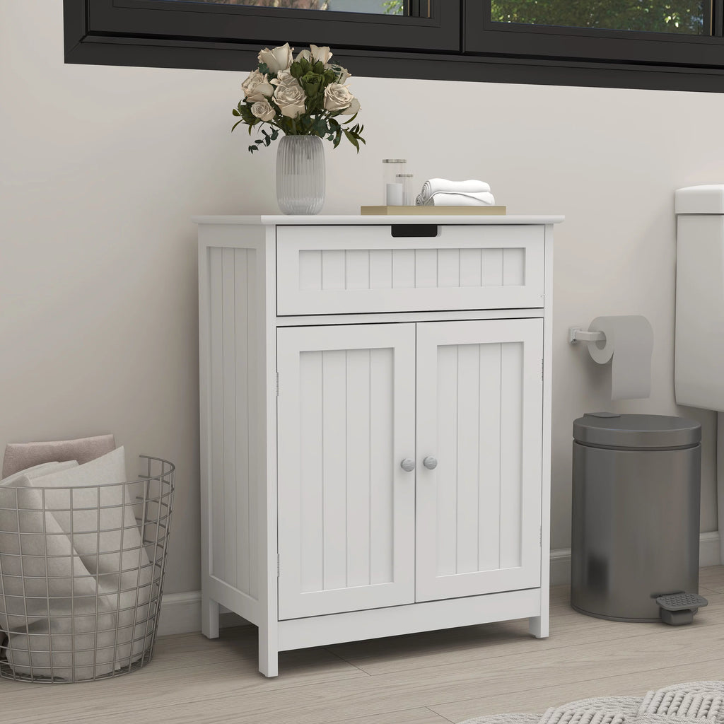 White Wood Bathroom Floor Cabinet 2 Doors 1 Drawer O613053
