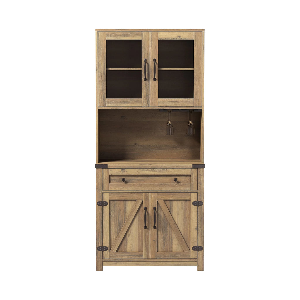 Farmhouse Kitchen Hutch Storage Cabinet with Glass Rack, Drawers, Adjustable Shelves S518334