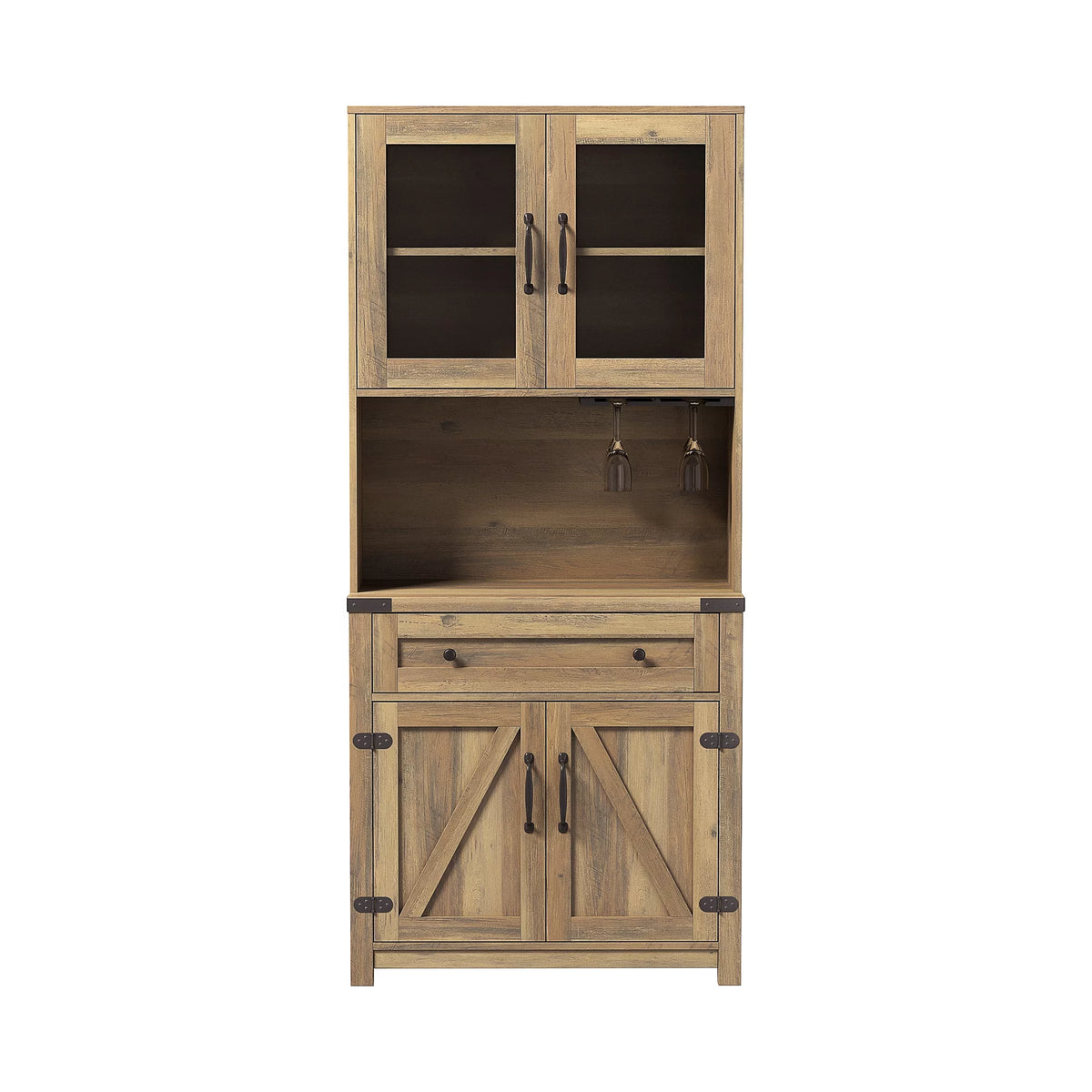 Farmhouse Kitchen Hutch Storage Cabinet with Glass Rack, Drawers, Adjustable Shelves S518334