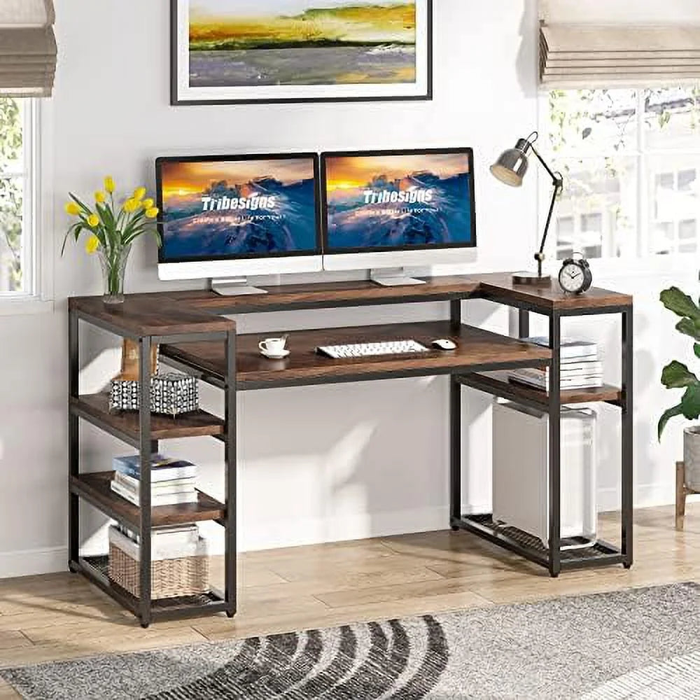 Brown Computer Desk with Monitor Shelf and CPU Stand C19433
