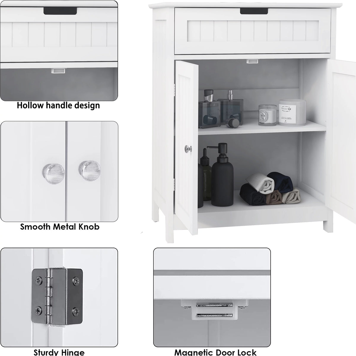 White Wood Bathroom Floor Cabinet 2 Doors 1 Drawer O613053