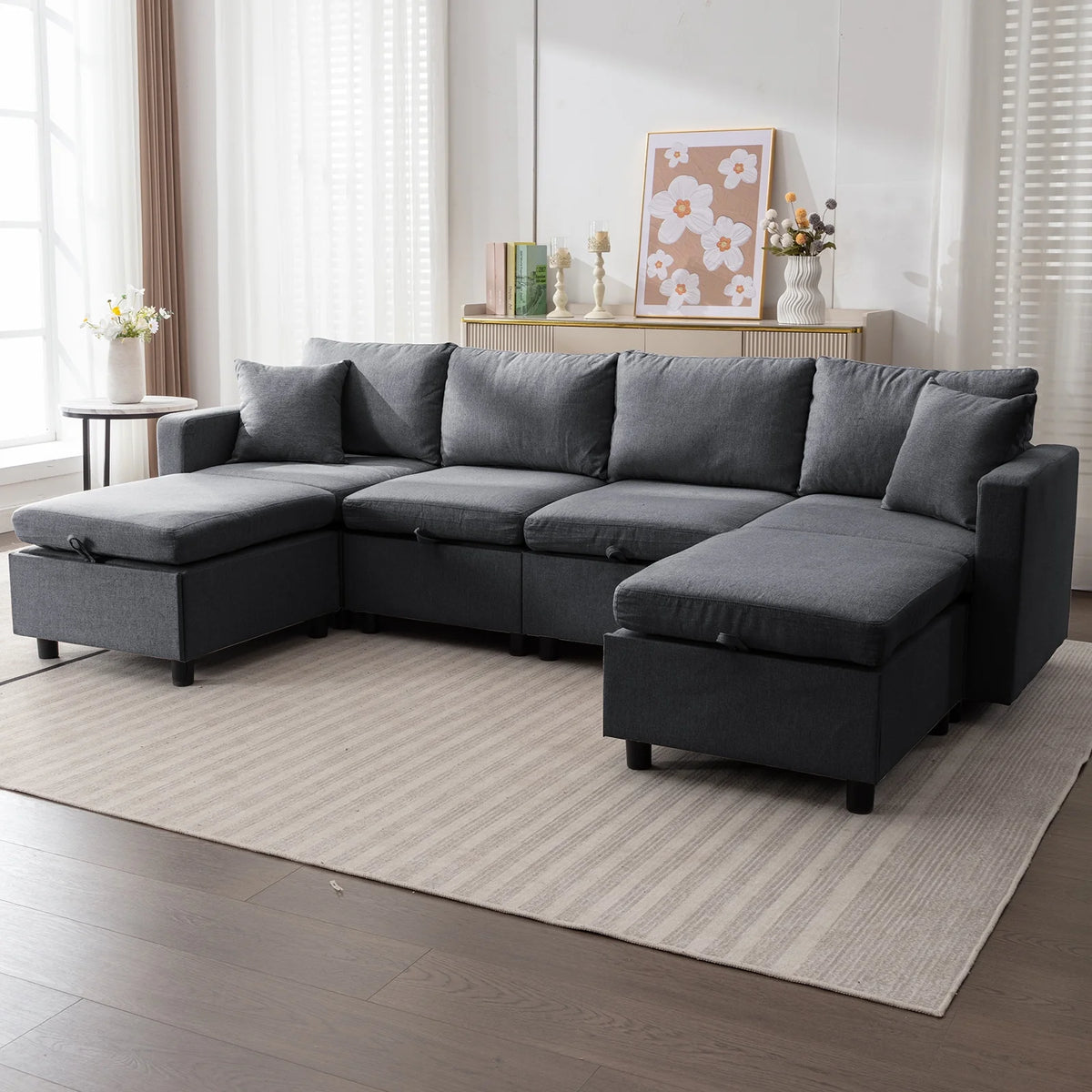 Dark Gray 6-Seater Modular Sectional Sofa with Storage Ottoman W99024