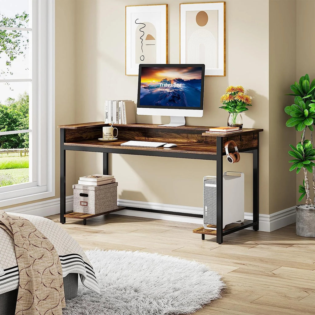 Black Rustic Brown Computer Desk with Monitor Stand W4477