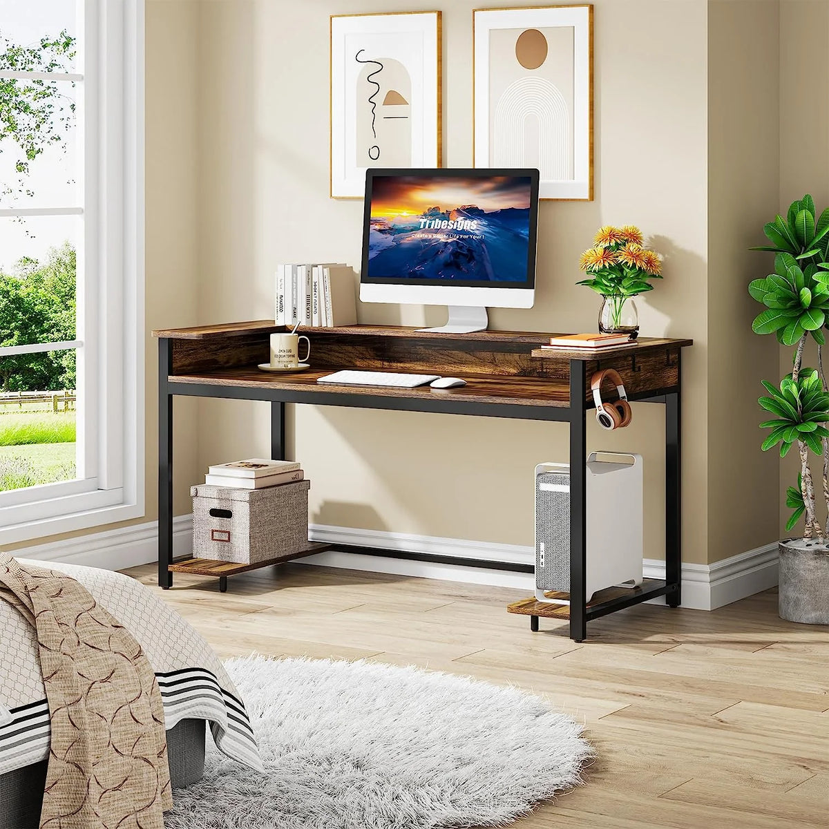 Black Rustic Brown Computer Desk with Monitor Stand W4477
