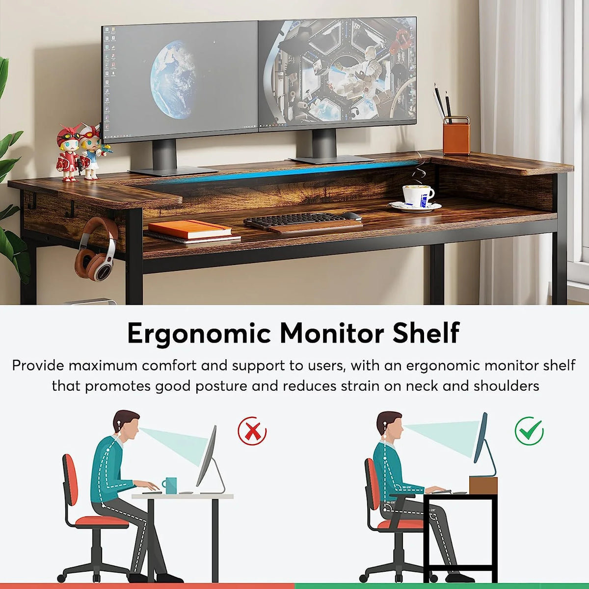 Black Rustic Brown Computer Desk with Monitor Stand W4477