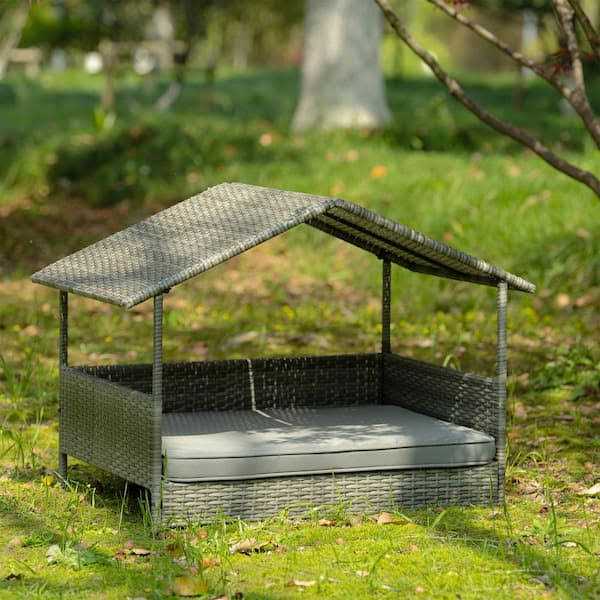 Dark Gray Medium PE Wicker Dog Bed with Canopy U285