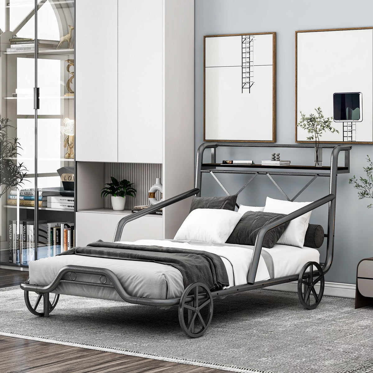 Twin Size Metal Car Shaped Bed Frame with Wheels T425213