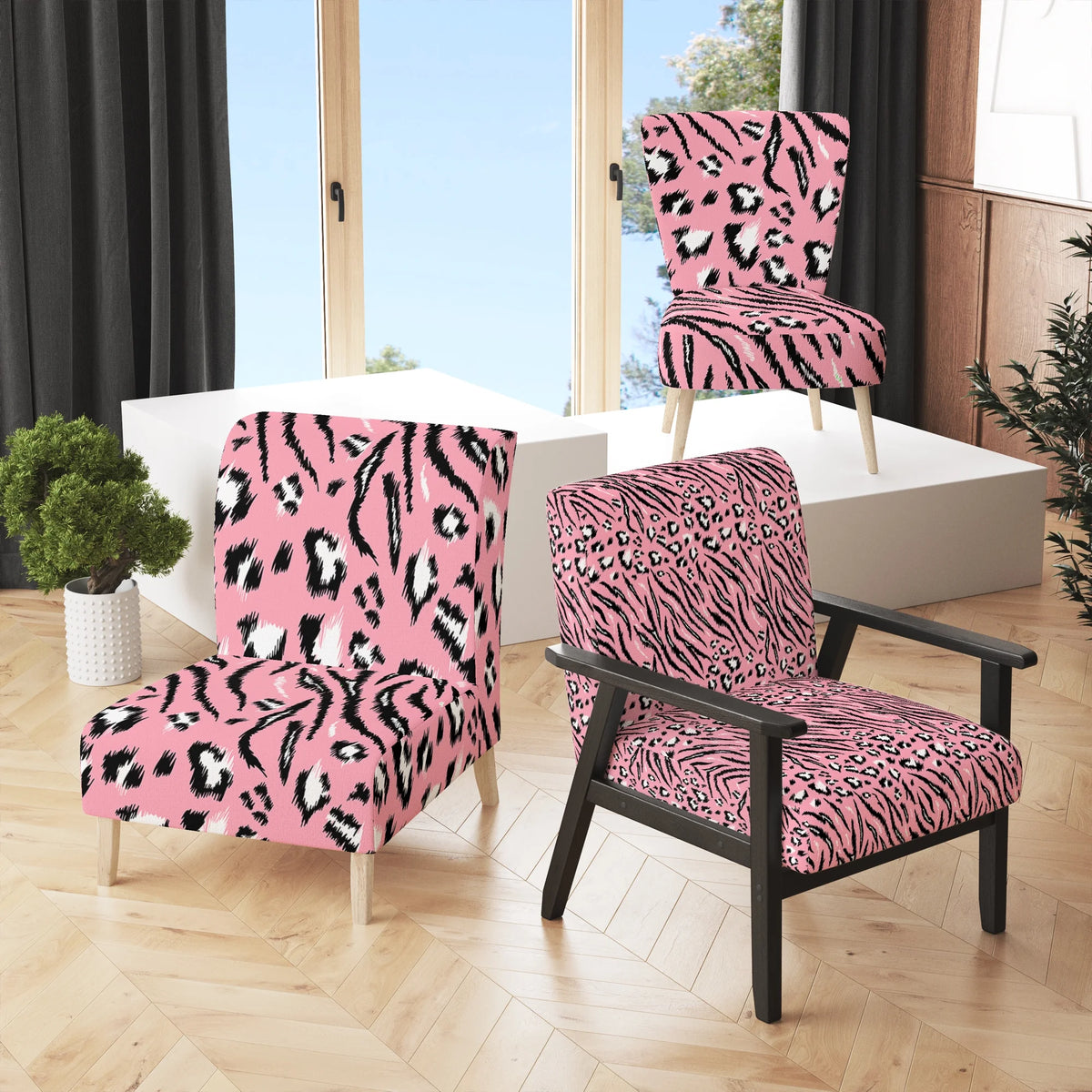 Pink Tiger and Leopard Pattern Upholstered Accent Chair V2501