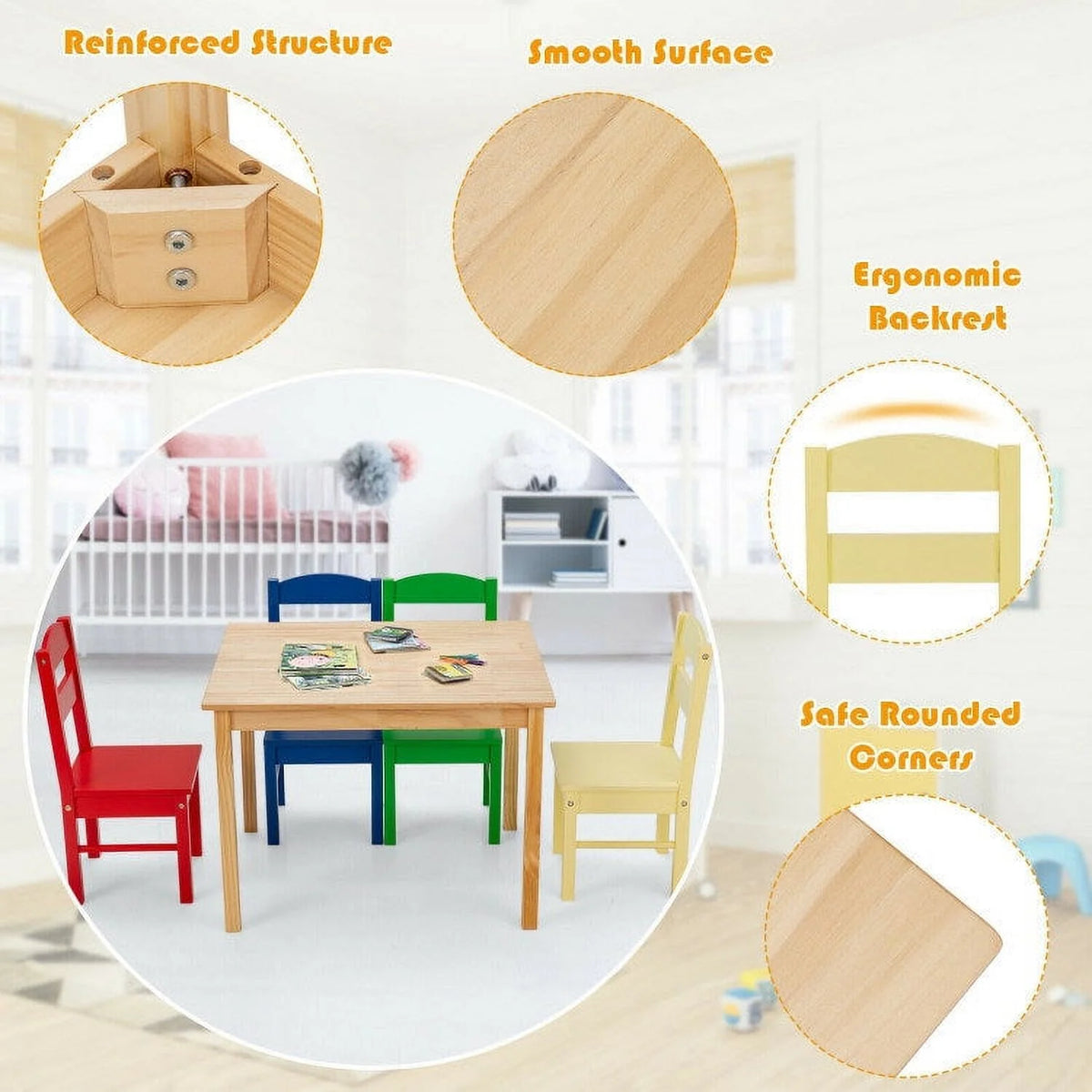 Kids 5 Pieces Wooden Table and Chair Set W47932