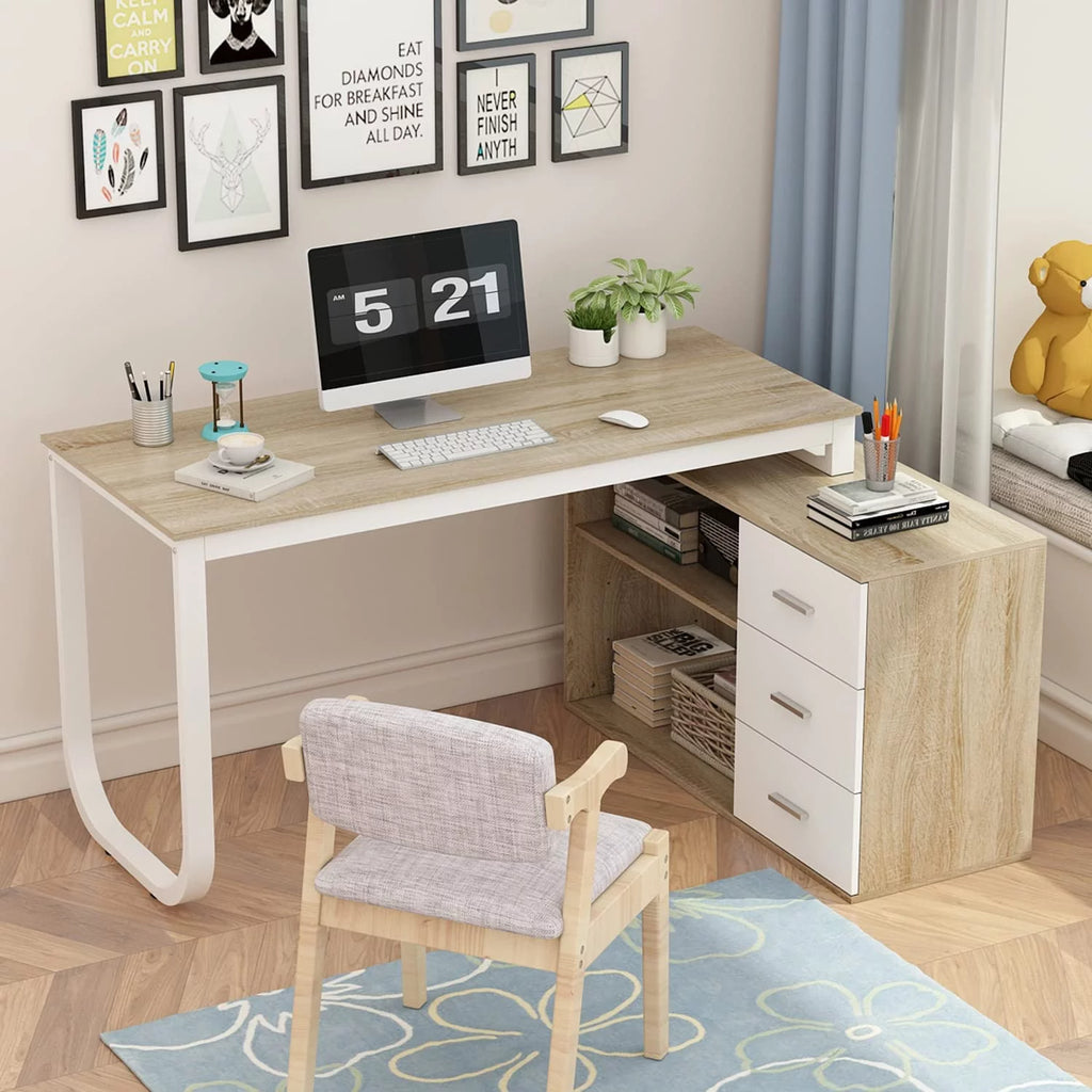 55 Inch L-Shaped Corner Desk with 3 Drawers and 2 Shelves, Walnut and White O511239
