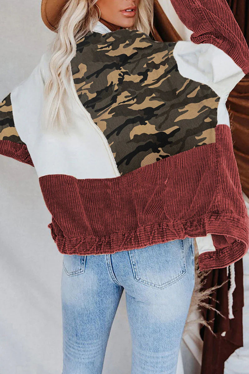Camouflage Print Tassel Buckle Turndown Collar Outerwear O63537