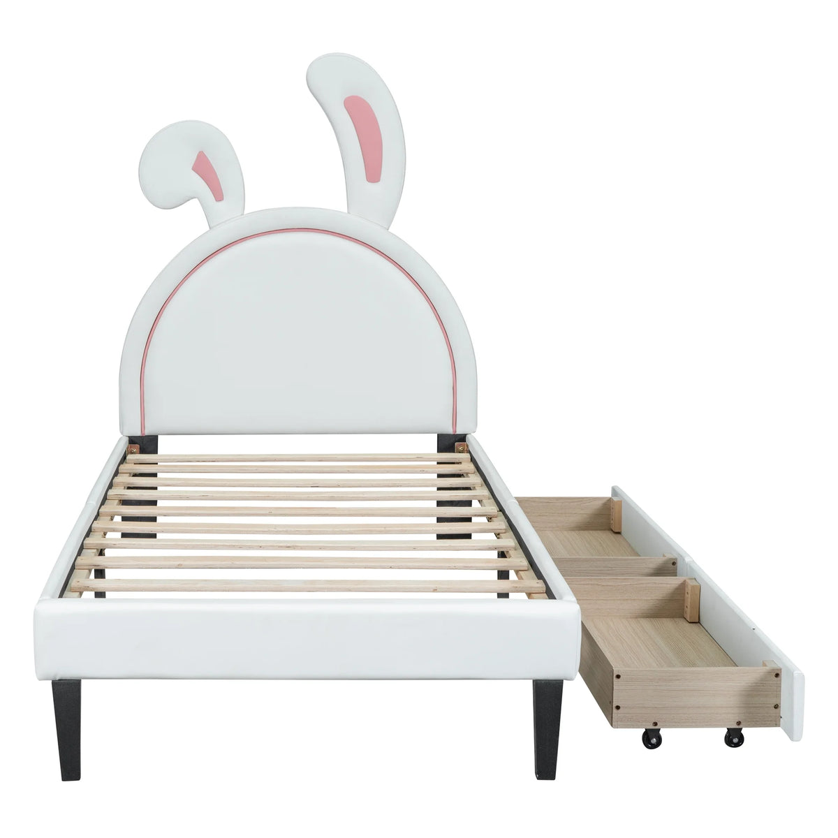 White Twin Size Upholstered Leather Platform Bed with 2 Drawers E18332