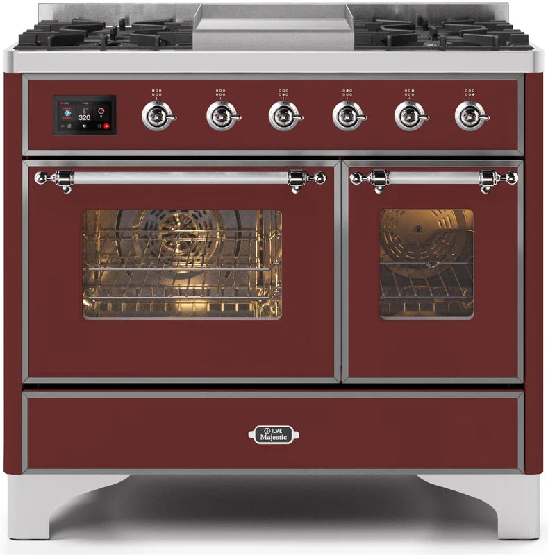 40 Dual Fuel Natural Gas Range in Burgundy with Chrome Trim V631
