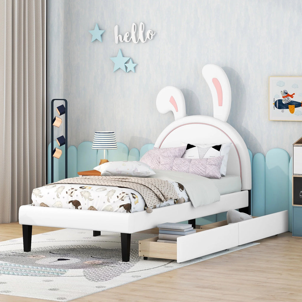 White Twin Size Upholstered Leather Platform Bed with 2 Drawers E18332