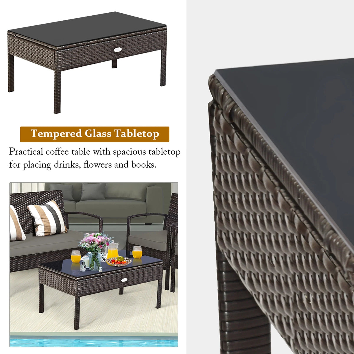 4 Pc Outdoor Patio Rattan Furniture Set Cushioned Sofa Coffee Table O686