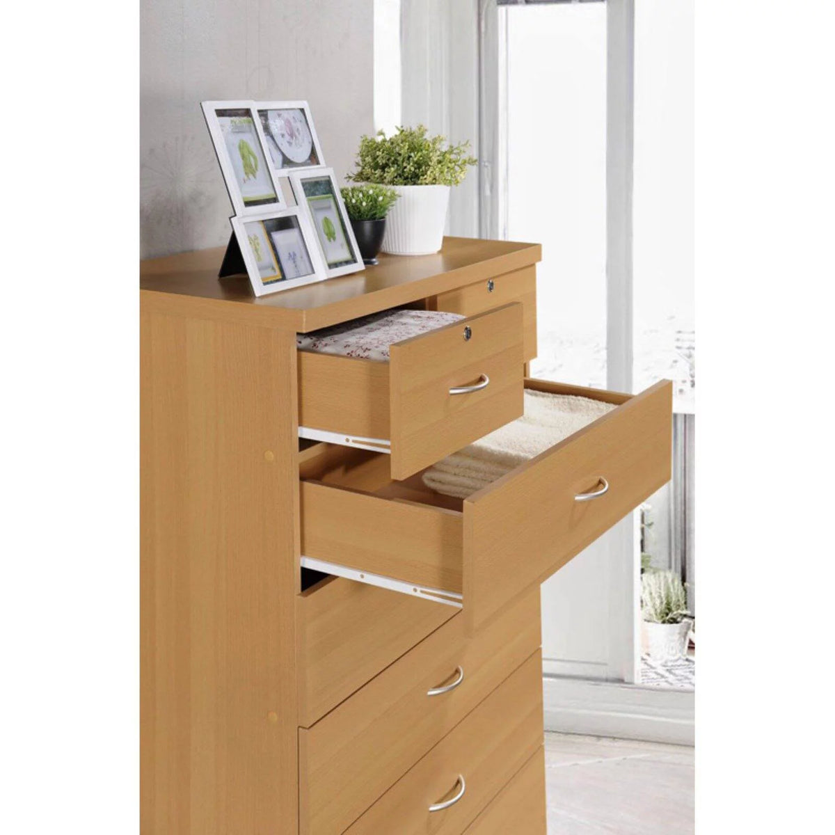 7 Drawer Wooden Jumbo Dresser Chest with 2 Top Locks, Cherry F9887