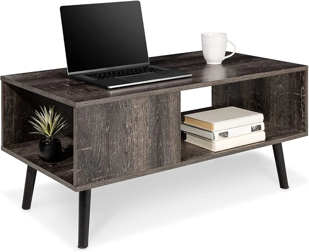 Mid-Century Modern Wooden Coffee Table with Open Storage Shelf B947
