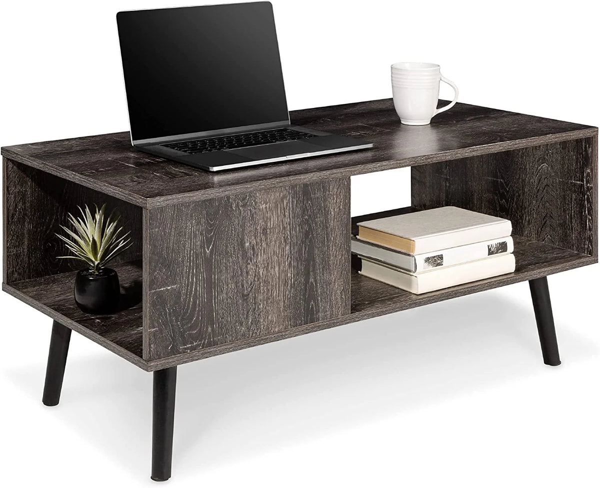 Mid-Century Modern Wooden Coffee Table with Open Storage Shelf B947