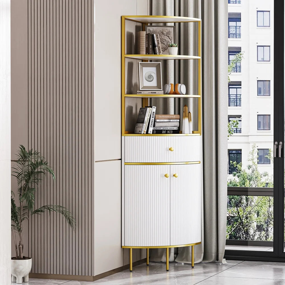 White Wooden Corner Bookshelf with 1 Drawer and 2 Doors G59005