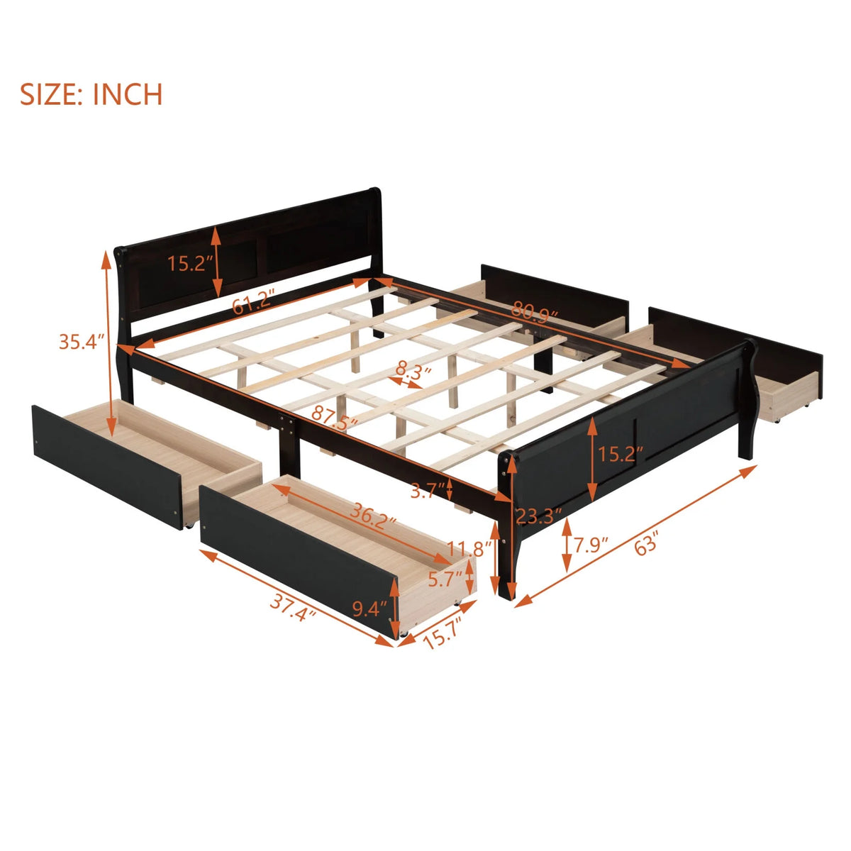 Queen Size Wood Platform Bed with 4 Drawers H12667