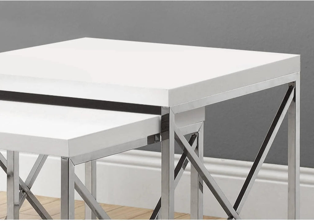 Glossy White Chrome Metal Nesting Table Set 2 Pcs R699