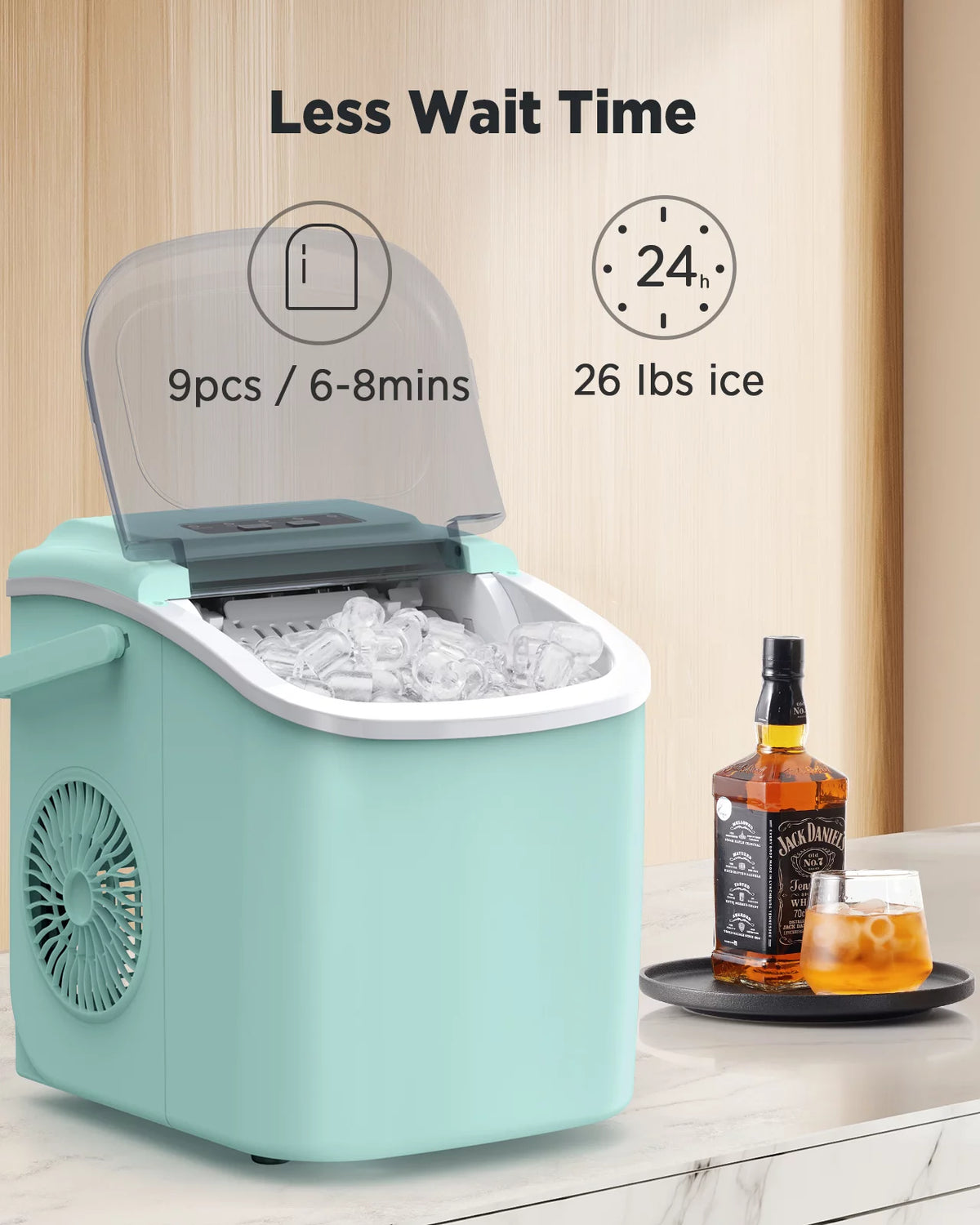 Countertop Ice Maker with Handle, 9 Cubes/6 Mins, 26lbs/24Hrs, Self-Cleaning, Ice Scoop and Basket, 2 Sizes of Bullet Ice, Green B32115