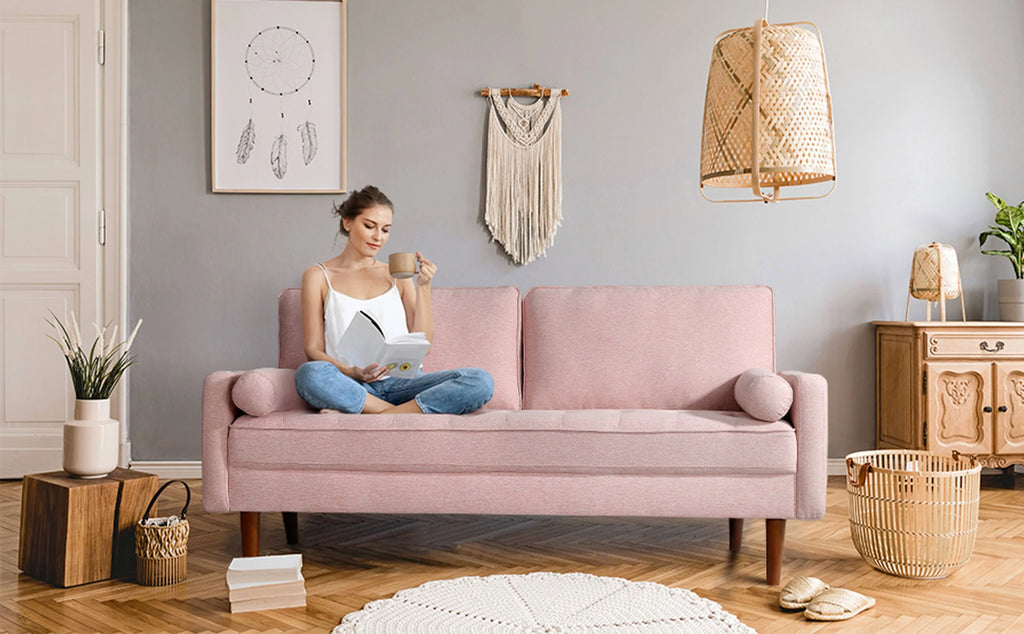 Pink Linen 2 Seater Sofa with 2 Pillows D487333
