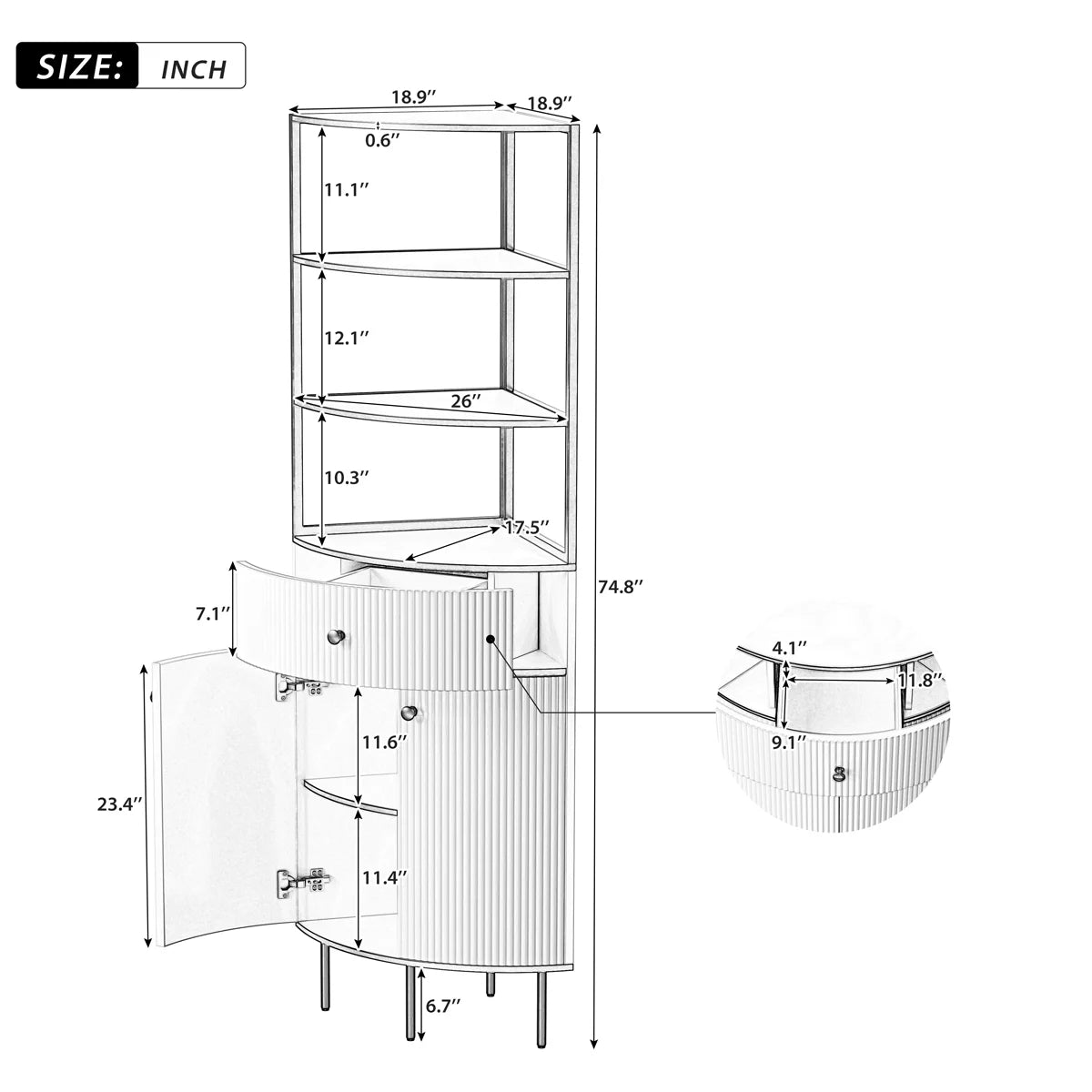 White Wooden Corner Bookshelf with 1 Drawer and 2 Doors G59005