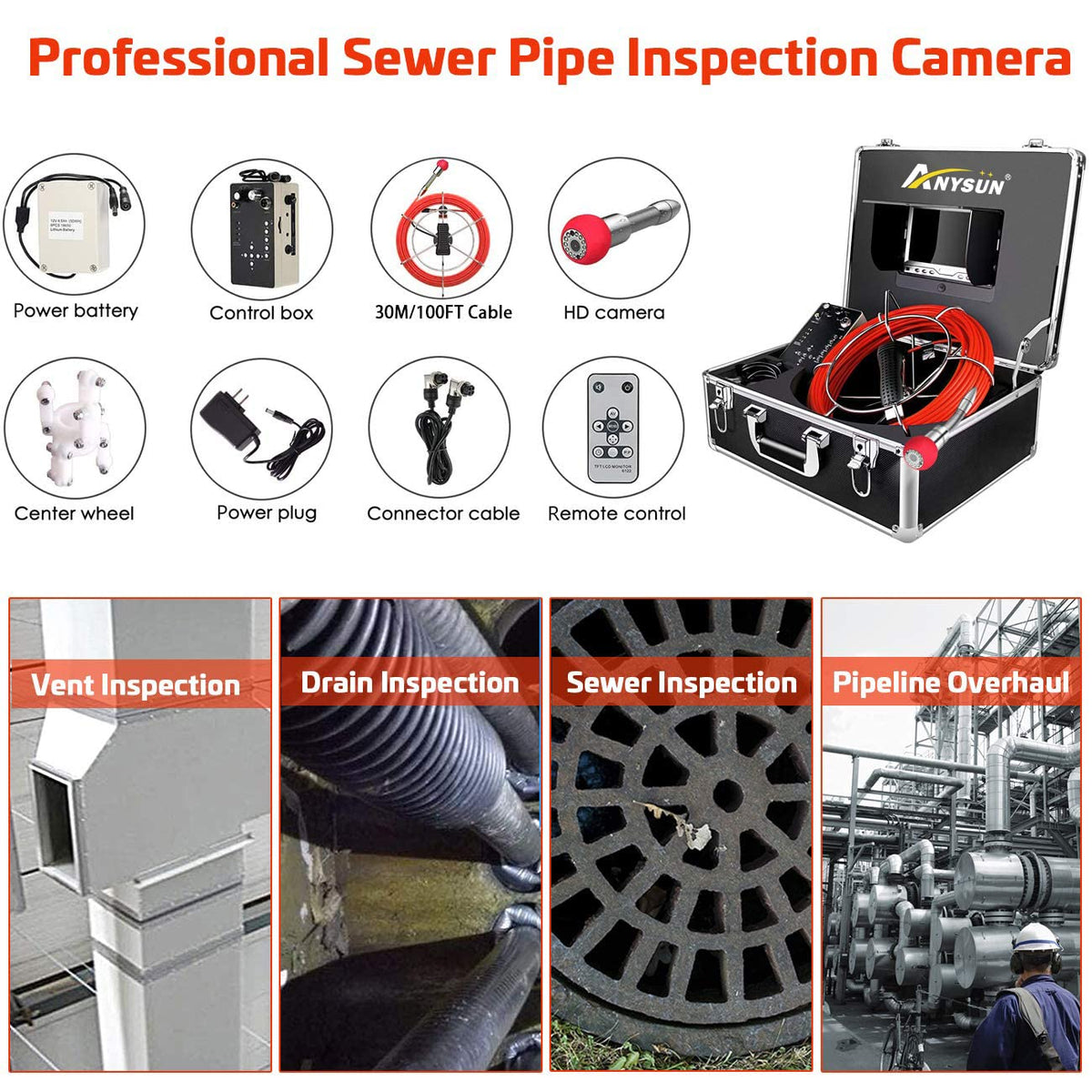 100ft Sewer Camera with Distance Counter DVR 7 inch LCD Monitor IP68 Y939
