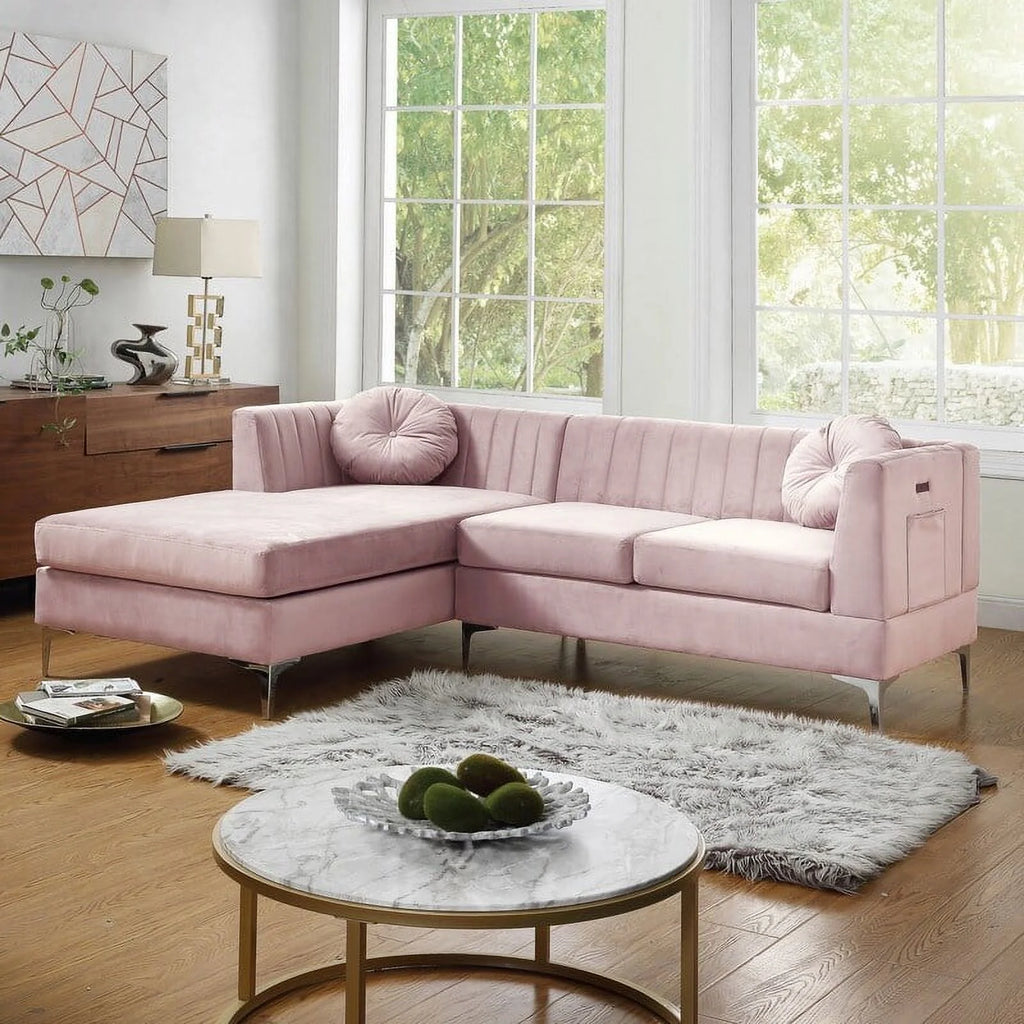 Pink Velvet Sectional Sofa Chaise A4105