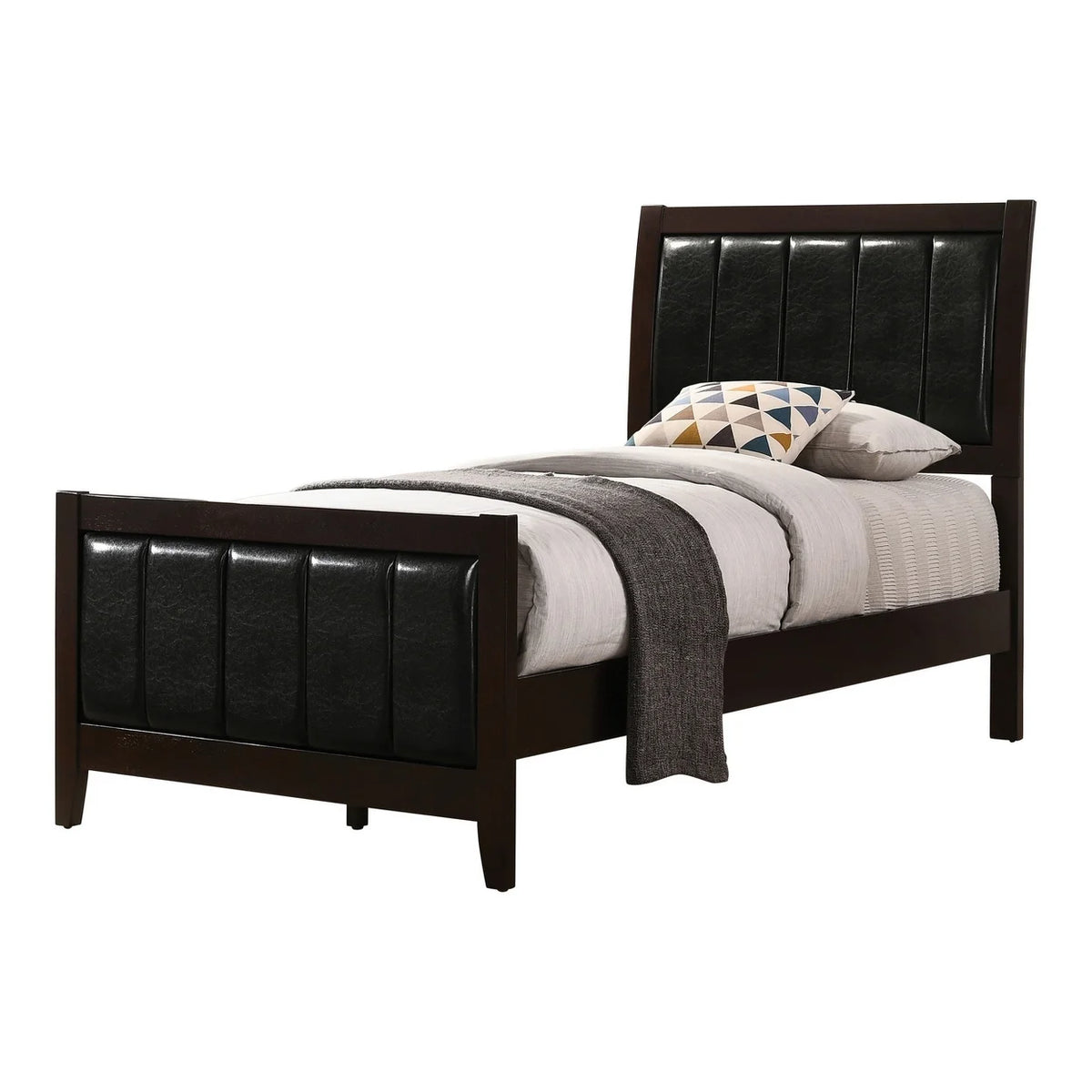 Twin Size Black Leather Upholstered Panel Bed Q475559