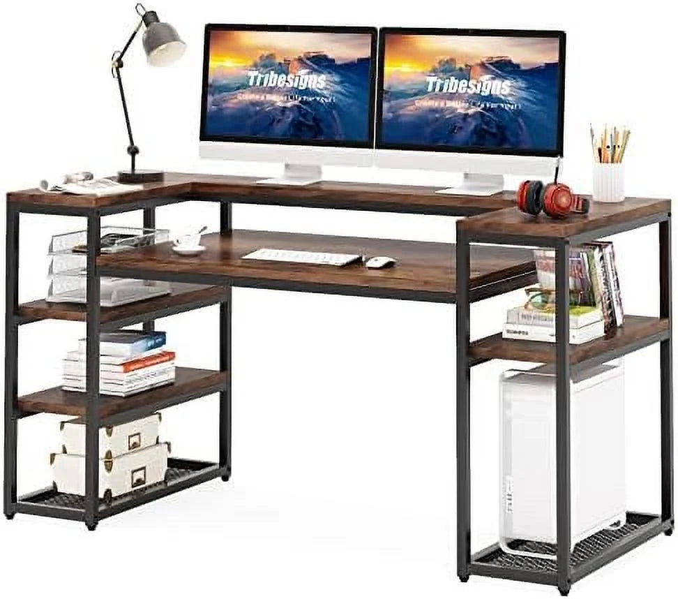 Brown Computer Desk with Monitor Shelf and CPU Stand C19433