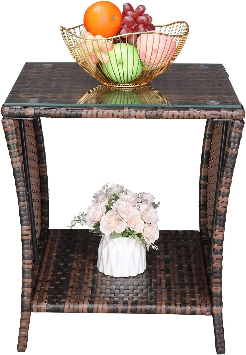 Rattan Side Table with Glass Top Storage E622