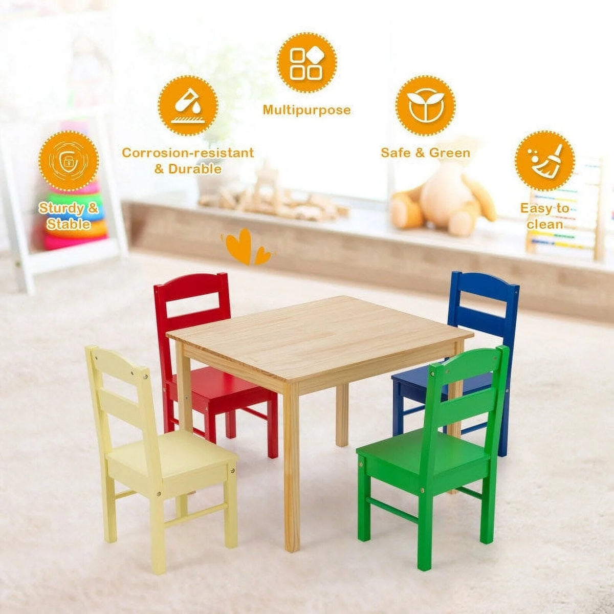 Kids 5 Pieces Wooden Table and Chair Set W47932