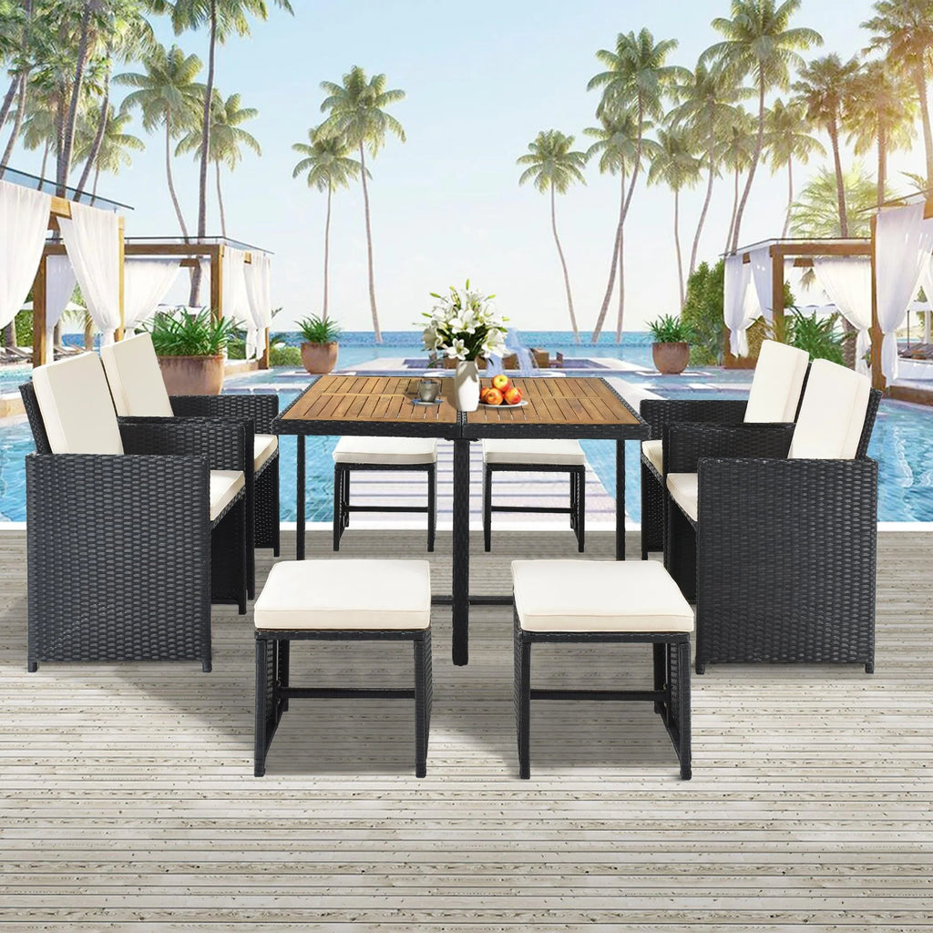 9 Piece Rattan Wicker Patio Dining Set with Ottoman J418454