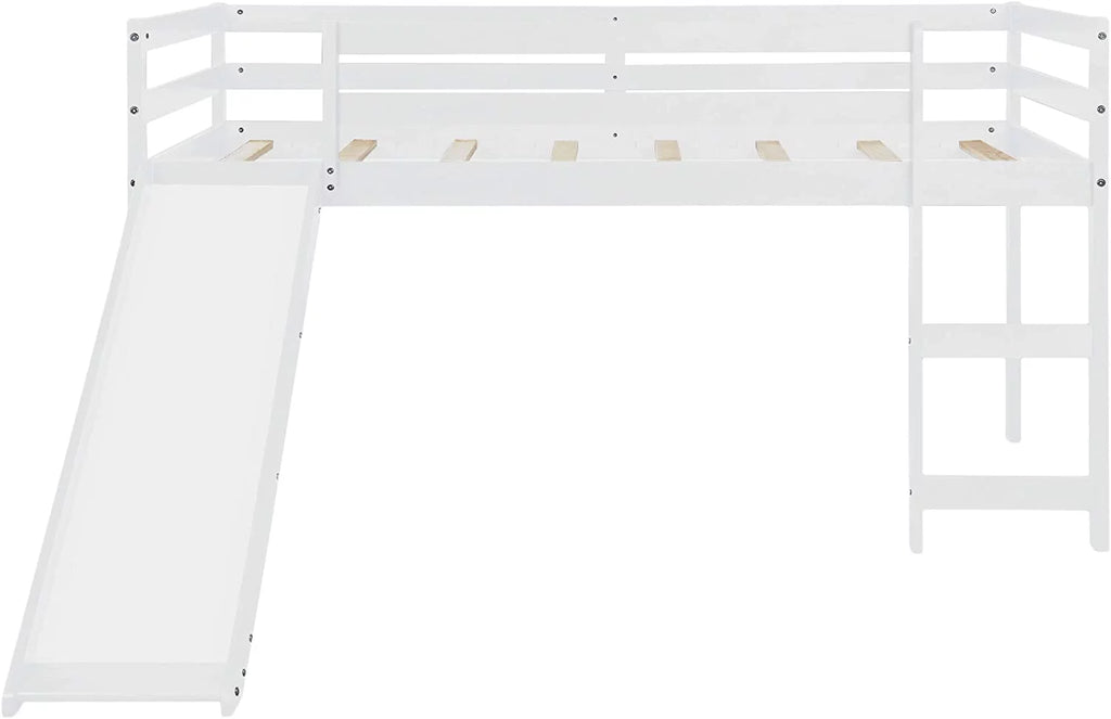 White Twin Size Wood Loft Bed with Slide and Ladder P7468