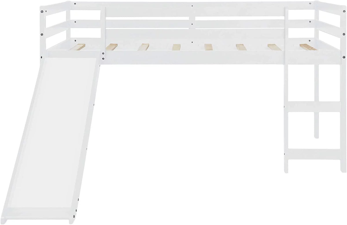 White Twin Size Wood Loft Bed with Slide and Ladder P7468