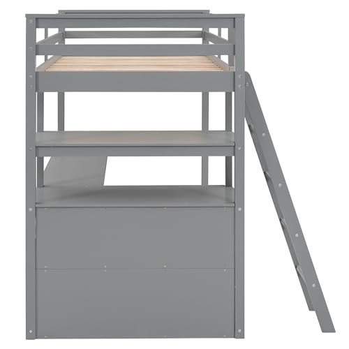 Twin Size White Solid Wood Loft Bed with Wardrobe, Desk and Shelves D202