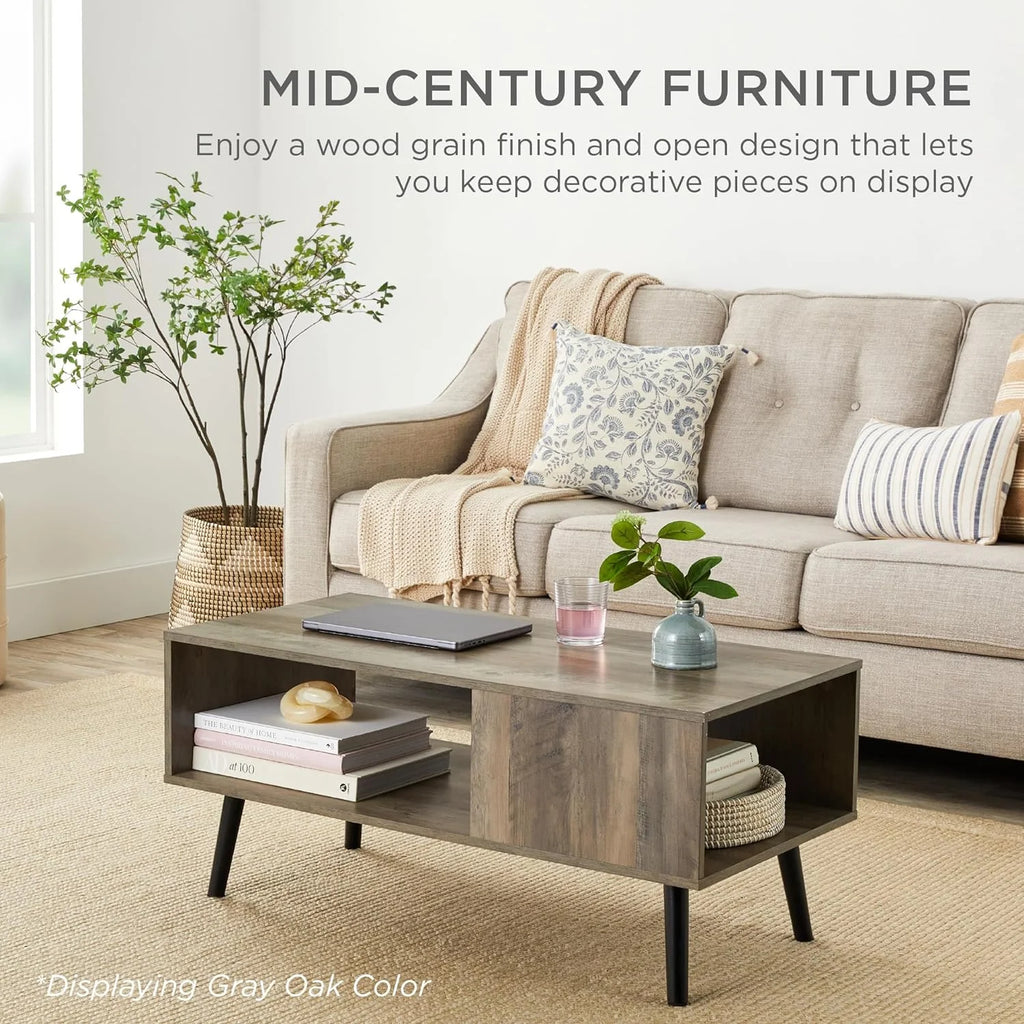 Mid-Century Modern Wooden Coffee Table with Open Storage Shelf B947