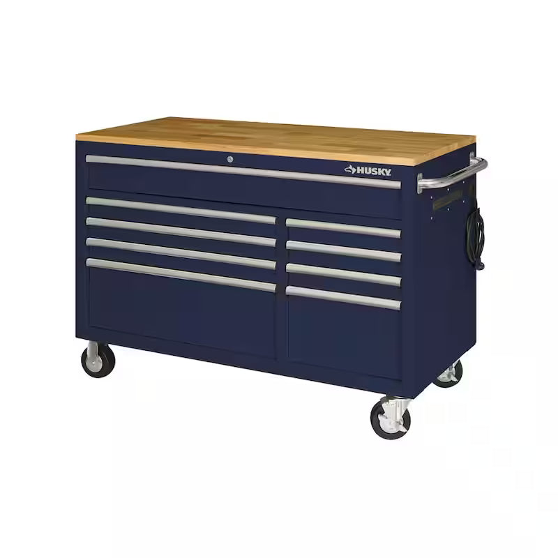 9-Drawer Mobile Workbench Cabinet with Solid Wood Top in Gloss Blue P579