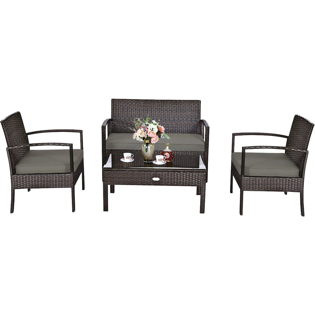 4 Pc Outdoor Patio Rattan Furniture Set Cushioned Sofa Coffee Table O686