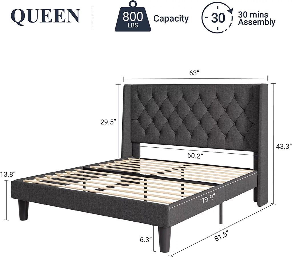Queen Size Upholstered Platform Bed Frame with Wingback A74651