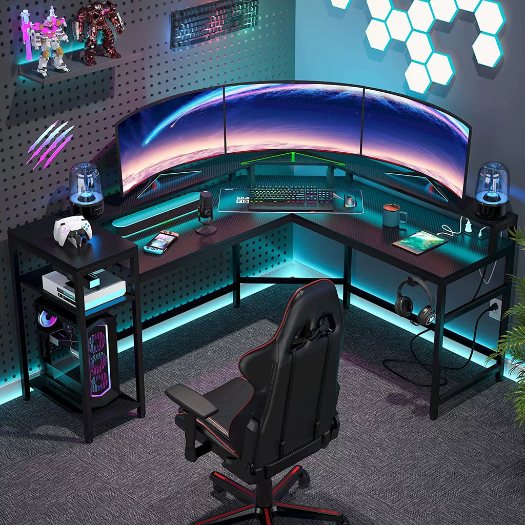 Black L-Shaped Gaming Desk with LED Strips L4134
