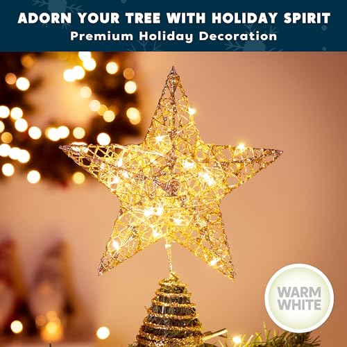 8 inch Gold Glitter Star Tree Topper Metal Lighted with 20 LED Lights W3581