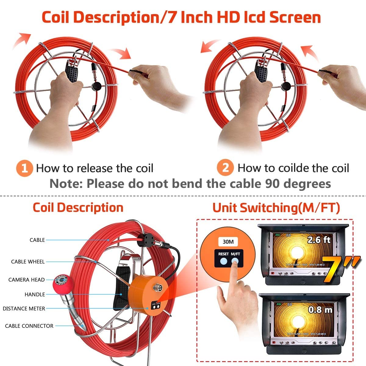 100ft Sewer Camera with Distance Counter DVR 7 inch LCD Monitor IP68 Y939