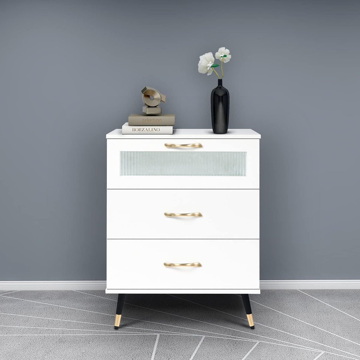 White 3 Drawer Wooden End Side Table Nightstand J99853