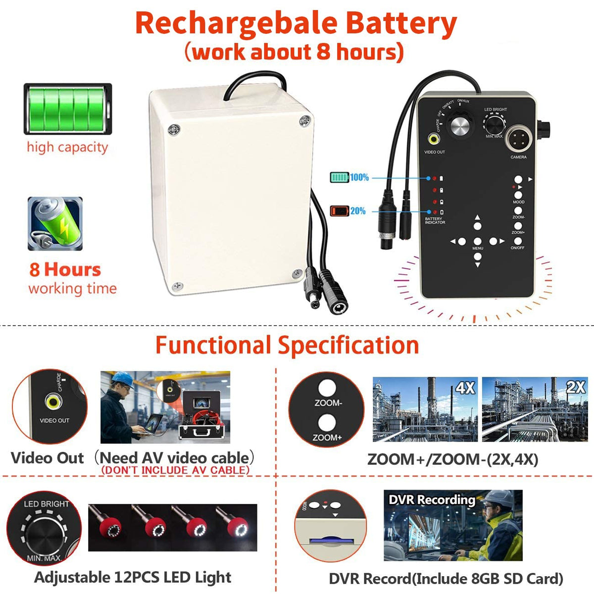 100ft Sewer Camera with Distance Counter DVR 7 inch LCD Monitor IP68 Y939