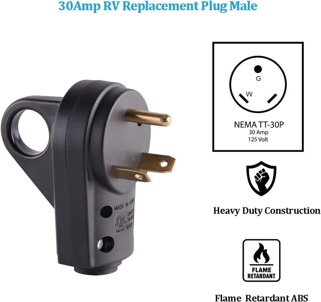 30 Amp RV Plug Male Replacement 3 Prong Electrical Power Connector Pack of 2 D583